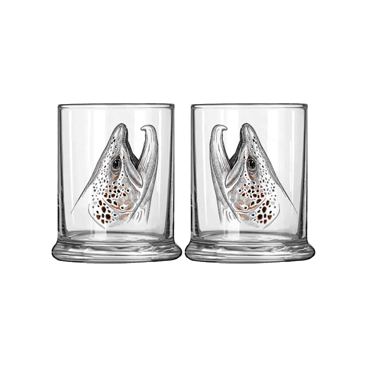 Low ball glass with rising brown trout head in black and orange ink