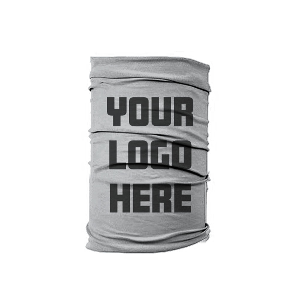 Gray fabric neck gaiter with the text ‘Your Logo Here’ printed on the front.