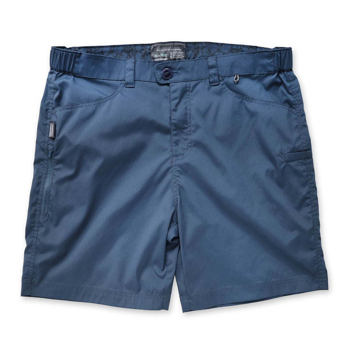 front of blue shorts on a white background