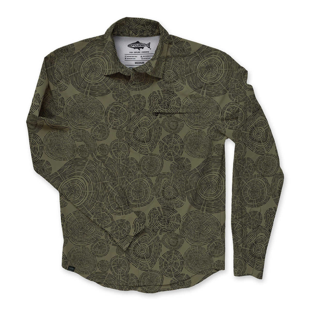 Front of Dark green longsleeved buttondown shirt with tree ring pattern on it in black on a white background