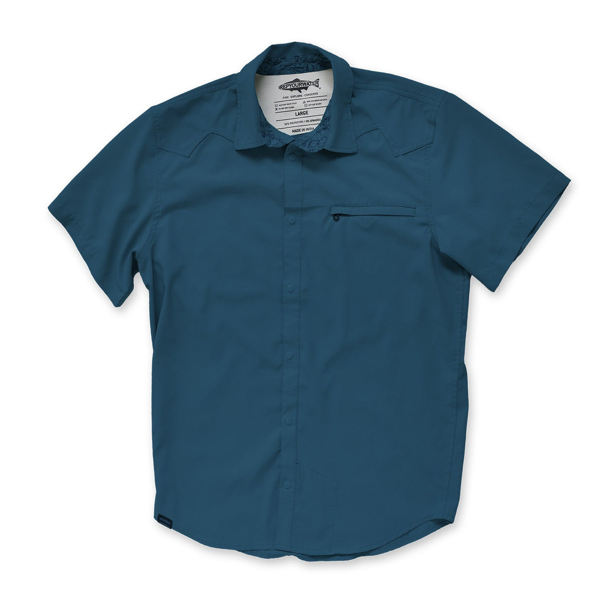 Blue short-sleeve button down shirt on a white background front