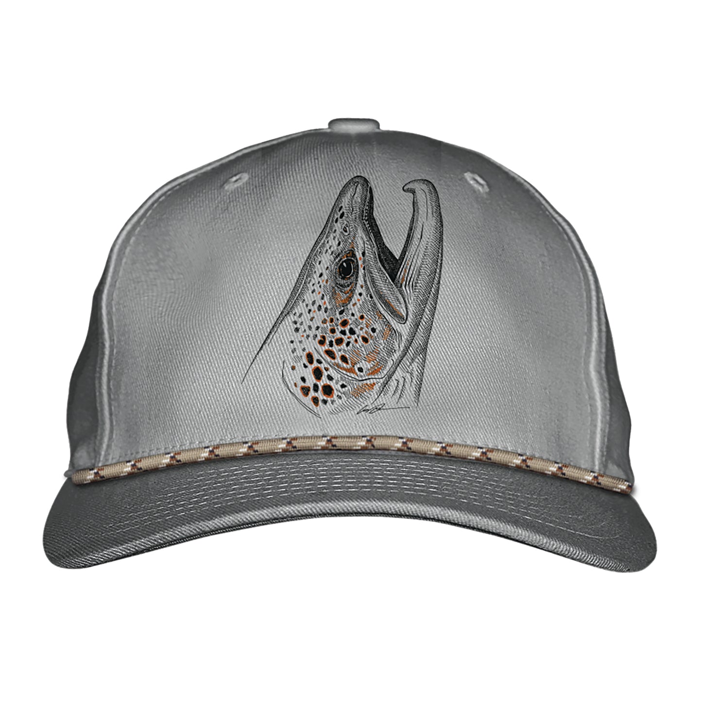 GRay hat with multi color rope and a trout head on the front