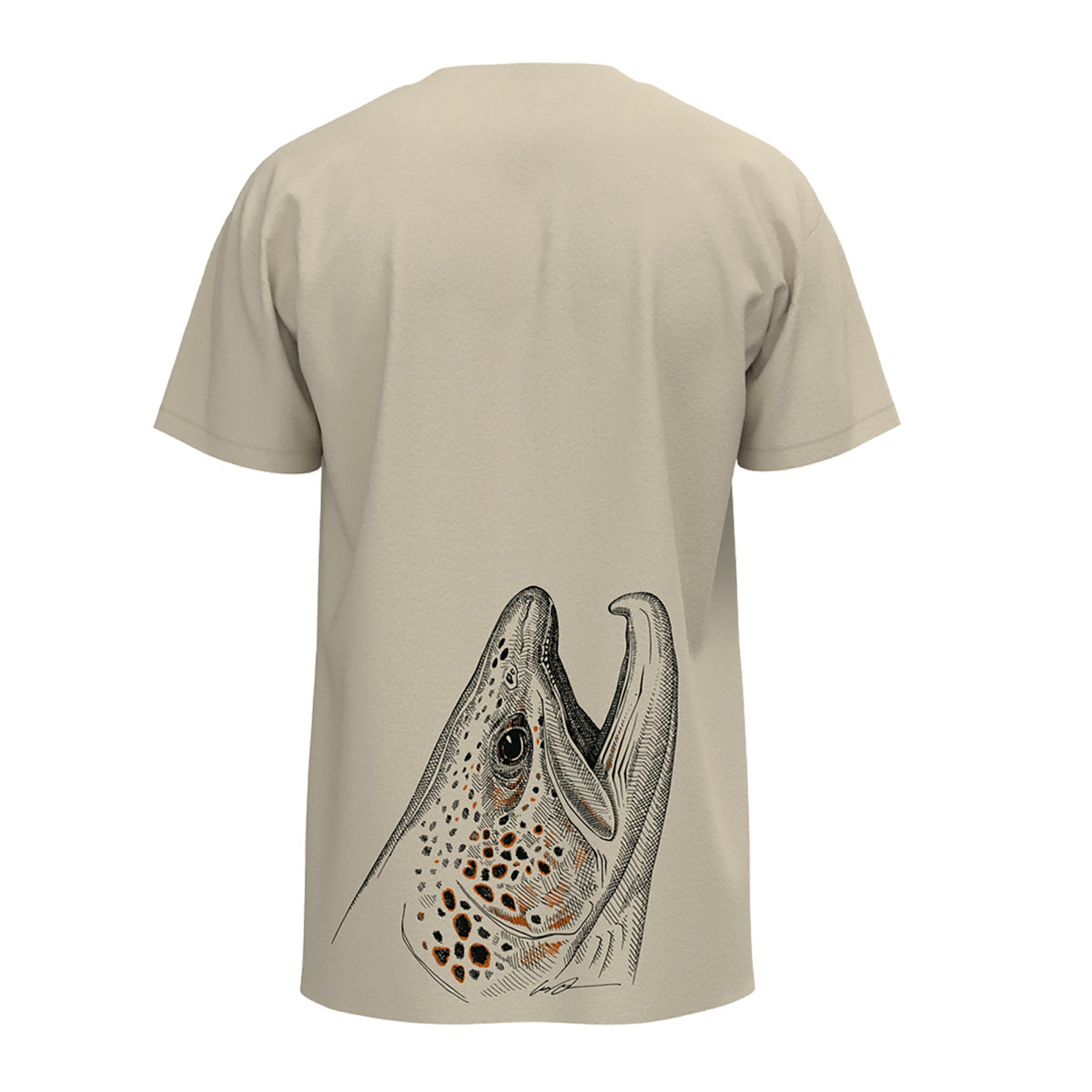 a tan tee shirt with a pen and ink drawing of a brown trout head on the back facing up towards the sleeves.