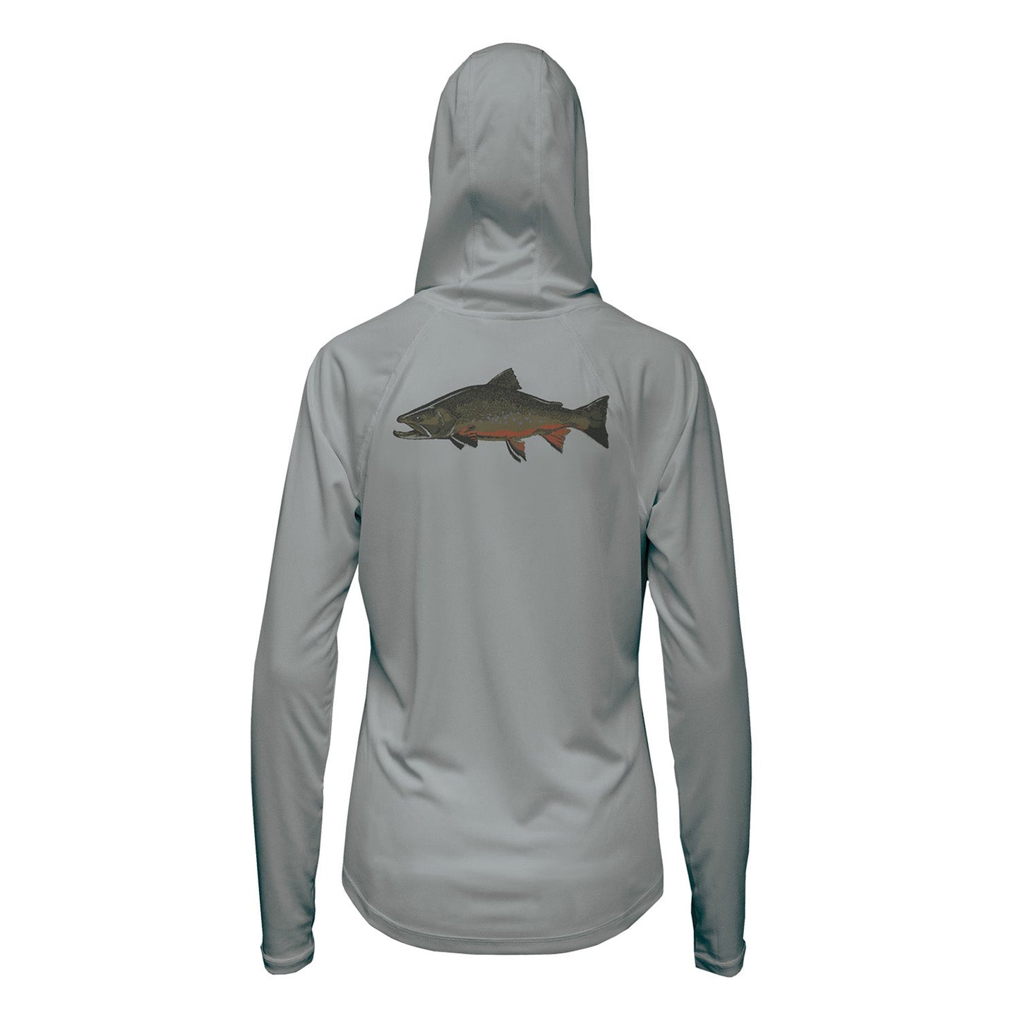 womens Gray hoodie with a brook trout fish design on the back against a white background