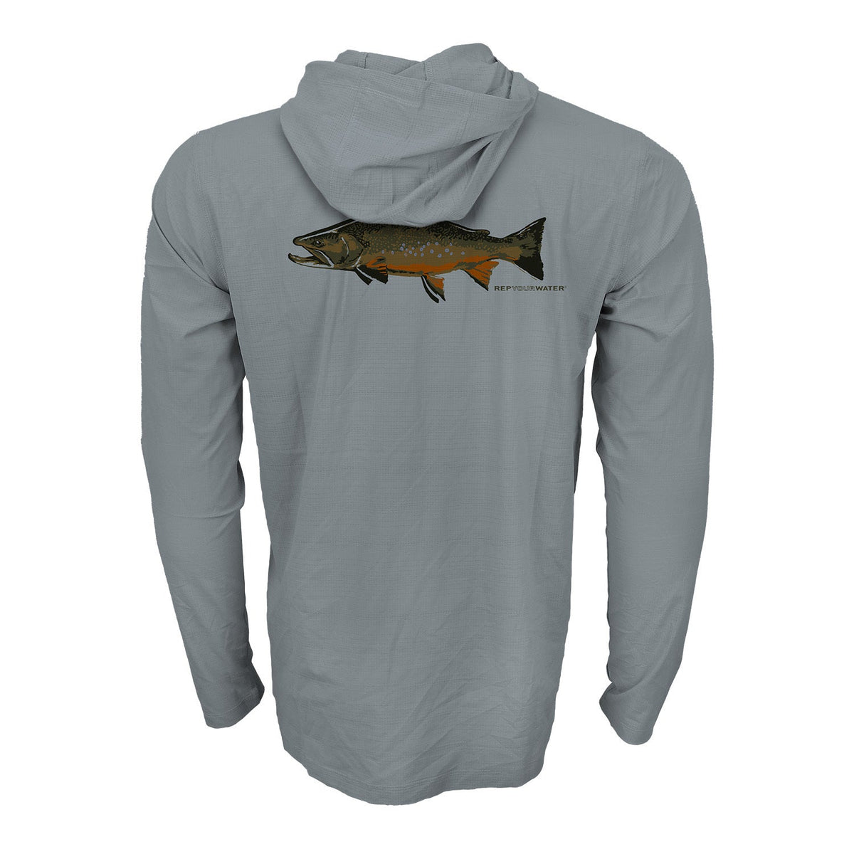 Granite hooded sun shirt with brook trout illustration centered on the back.
