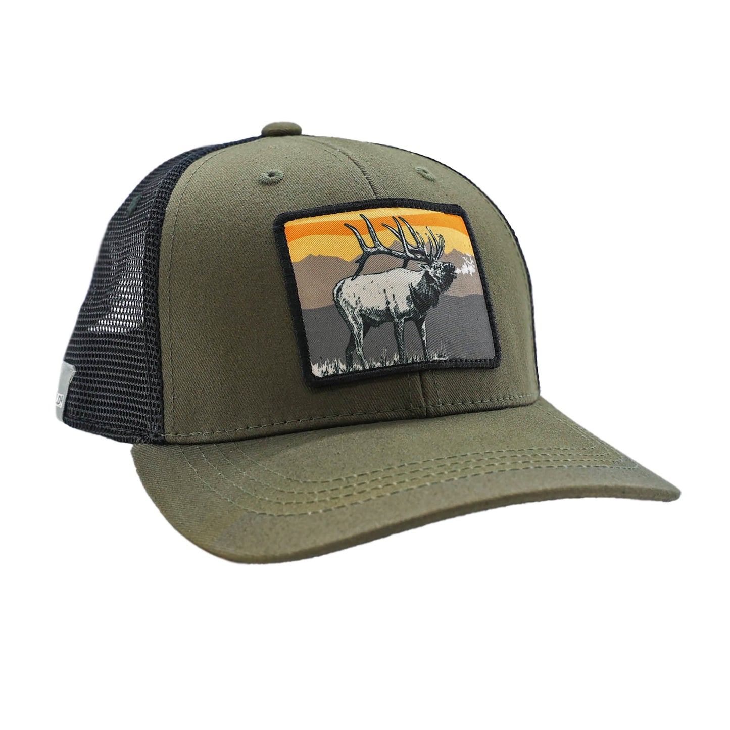 green hat with black mesh back and a patch on the front showing a bugling elk in front of a mountain range sunset