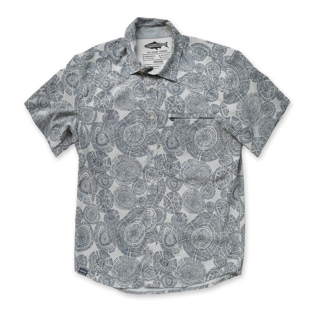 gray button down front with tree ring pattern in black
