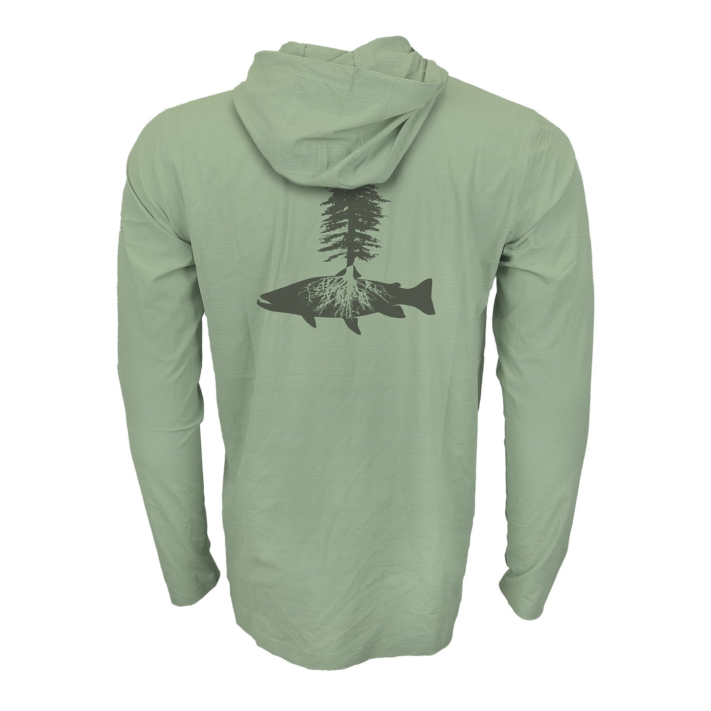 lichen flolite sun hoody with a tree and trout silhouette on the back