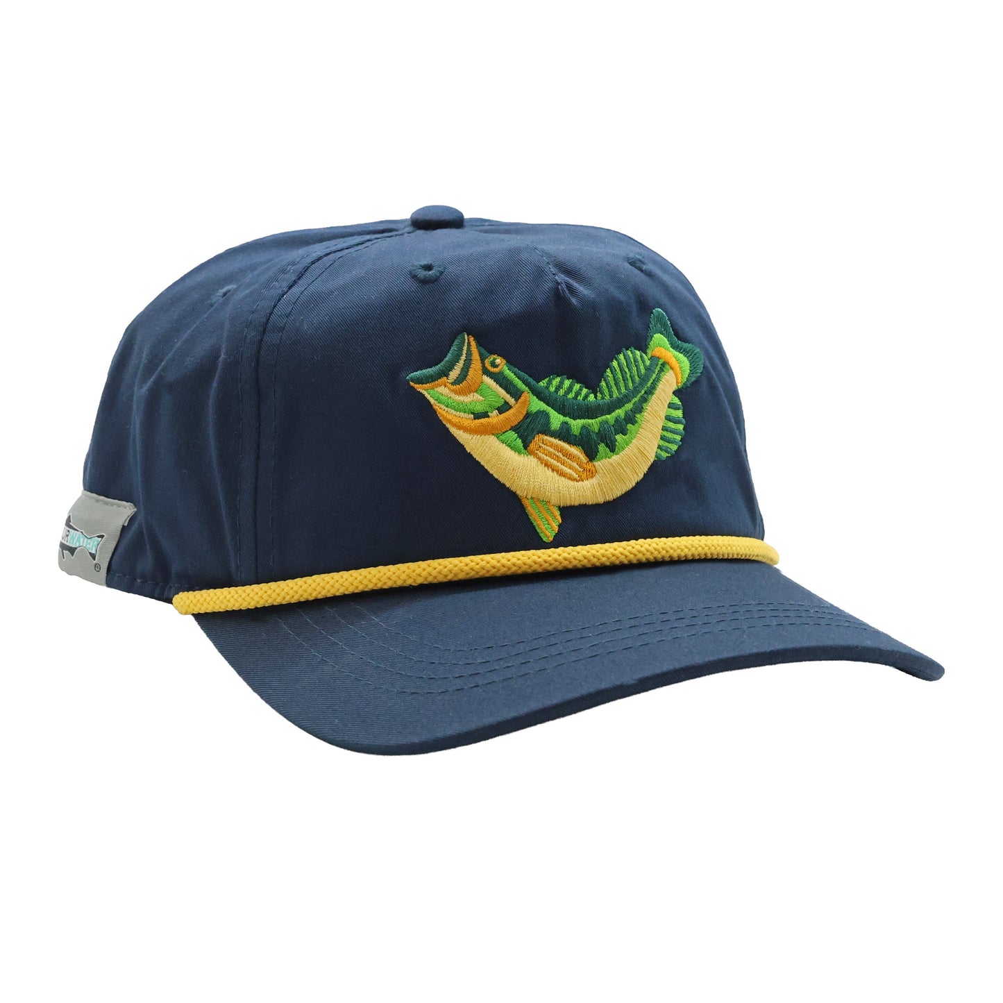 Navy unstructured rope hat with large embroidered retro bass graphic and yellow rope.