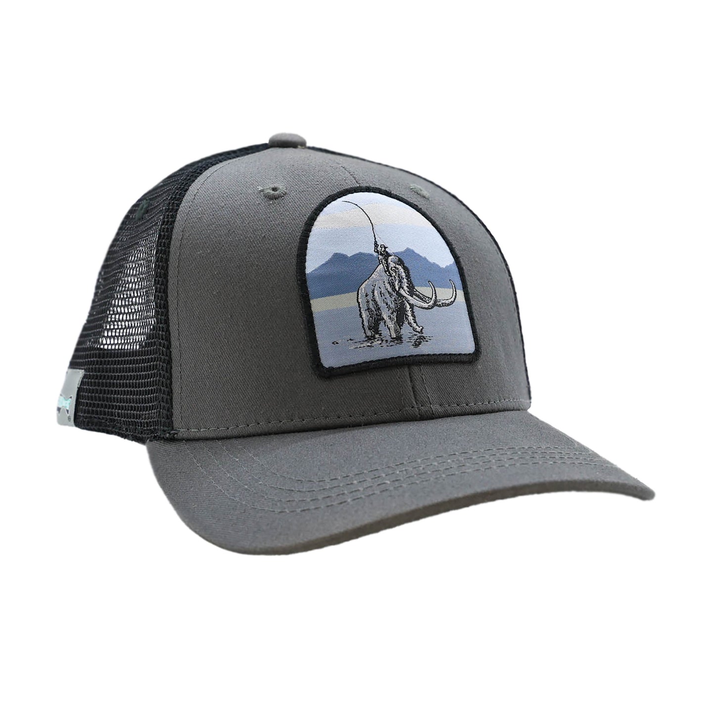Gray hat with black mesh back and a patch on the front showing a sasquatch riding a mammoth while casting a fly rod