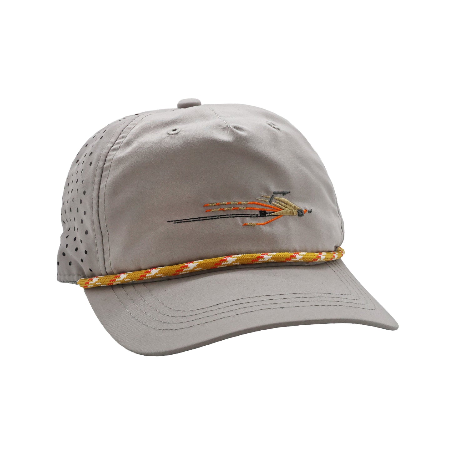 Light gray unstructured performance rope hat with embroidered fly lure and yellow rope.