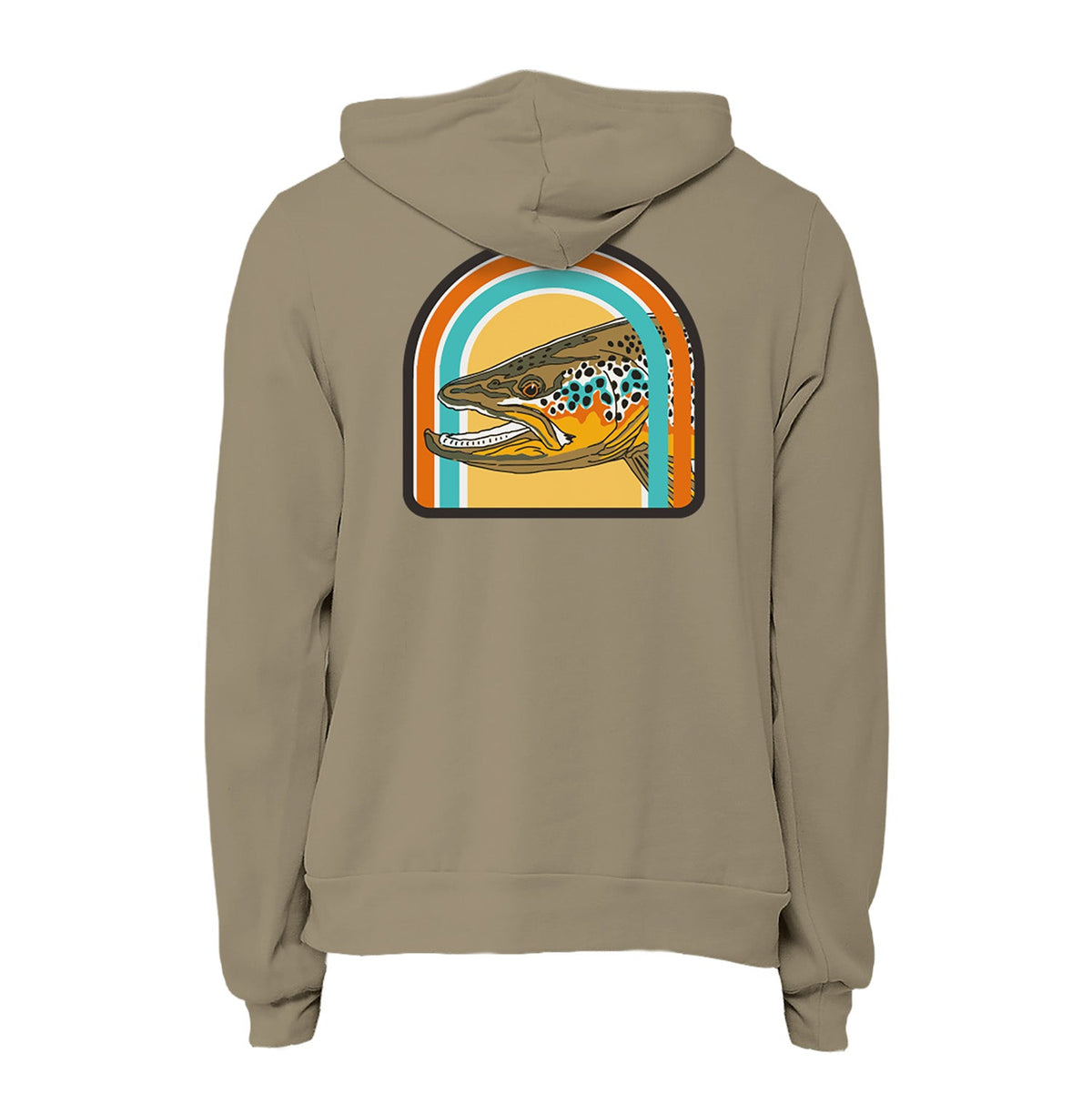 A taupe-colored pullover hoodie shown from the back, featuring a large graphic print of a trout inside an arch with retro orange, teal, and yellow stripes.