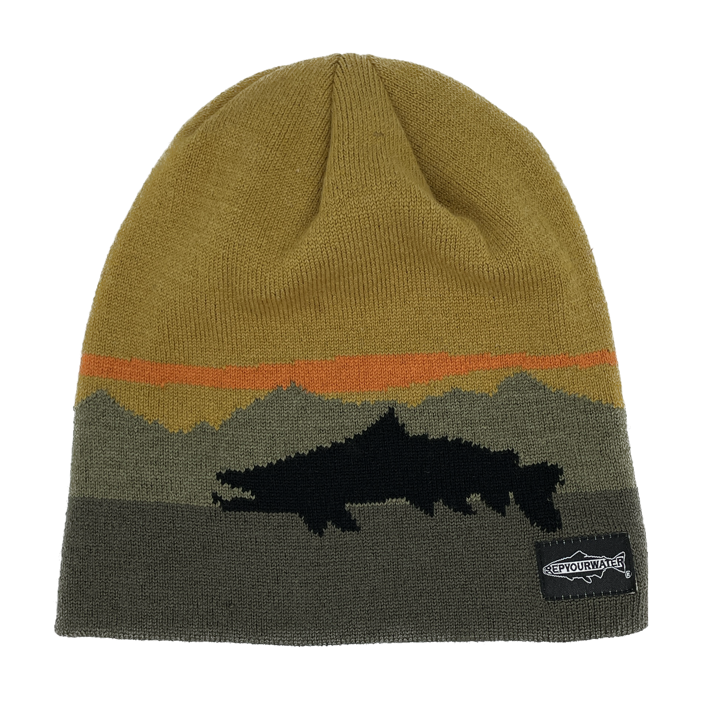 A winter hat with no cuff has a digitized image of a mountain range in the background with a black trout silhouette in the front. There is a black tag that reads repyourwater.