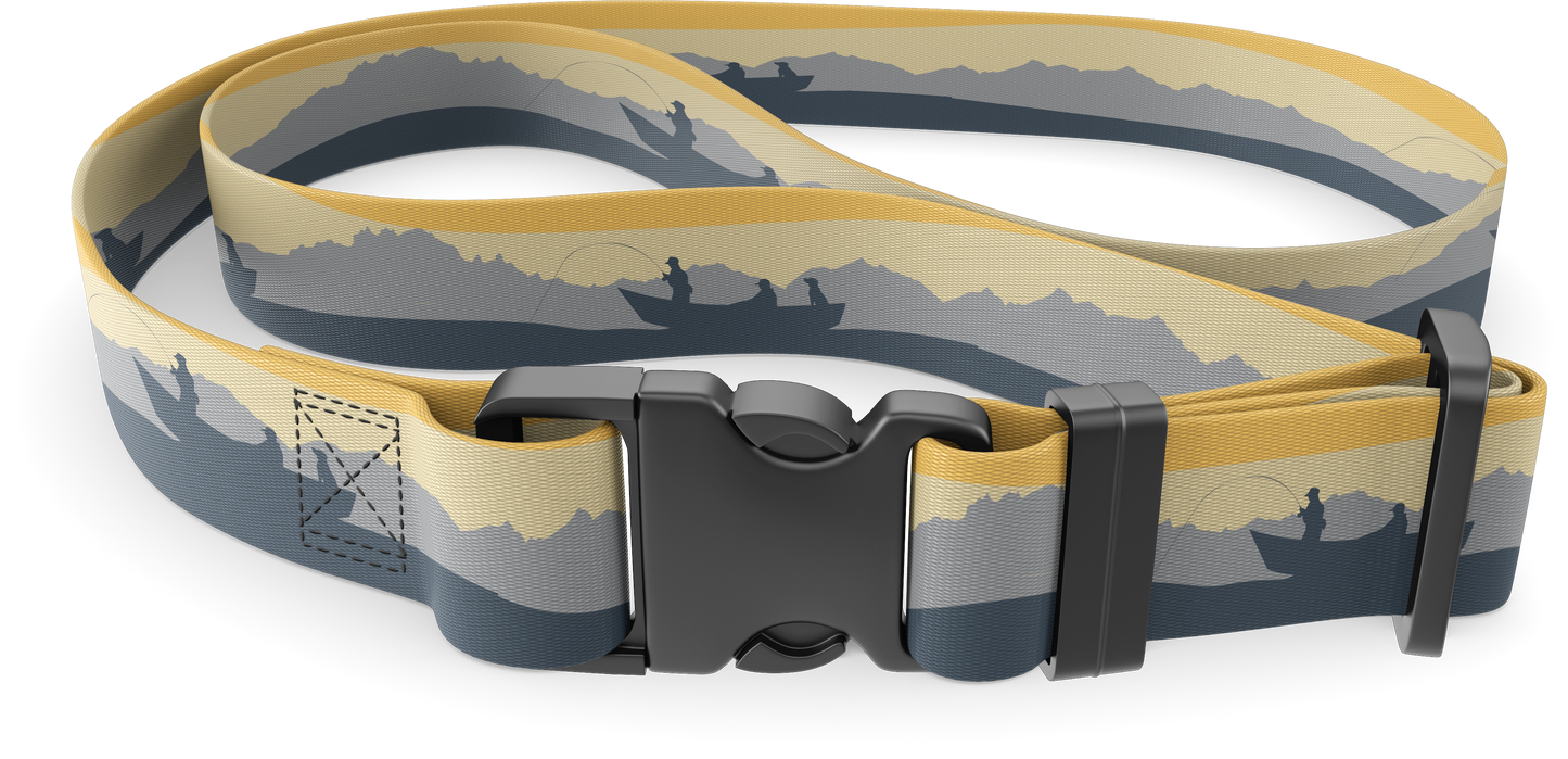 wading belt with black buckle with silhouette a mountain range in the background and 3 people fishing from a bot in the foreground