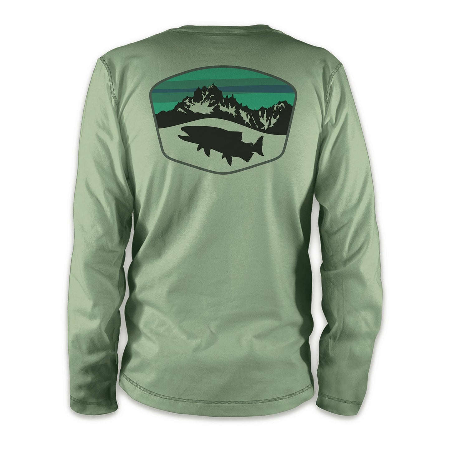 The back light green longsleeved shirt features a trout under a mountain scape