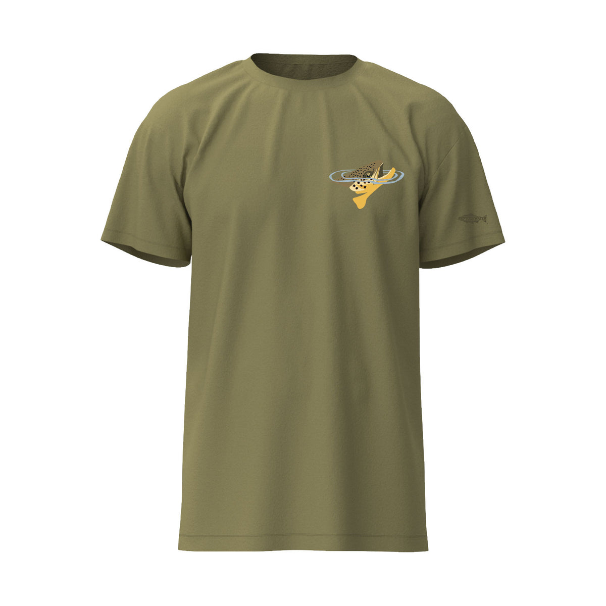 Tshirt green with rising brown trout front chest graphic