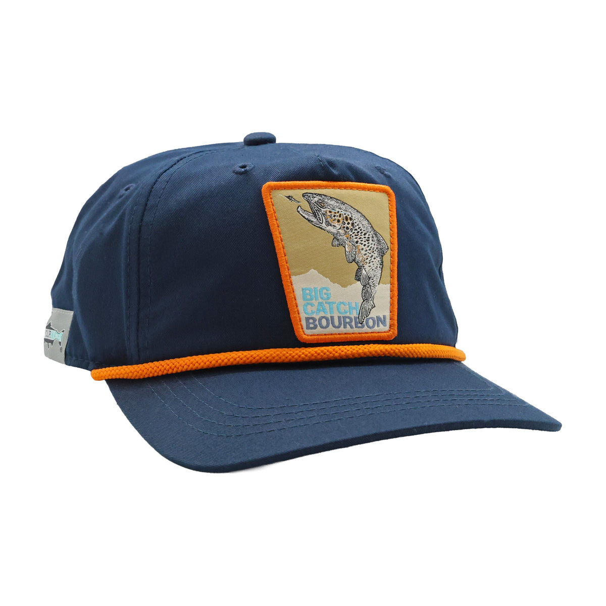 locke and co repyourwater collab hat for big catch bourbon. navy hat with orange rope and patch witha brown trout on it.