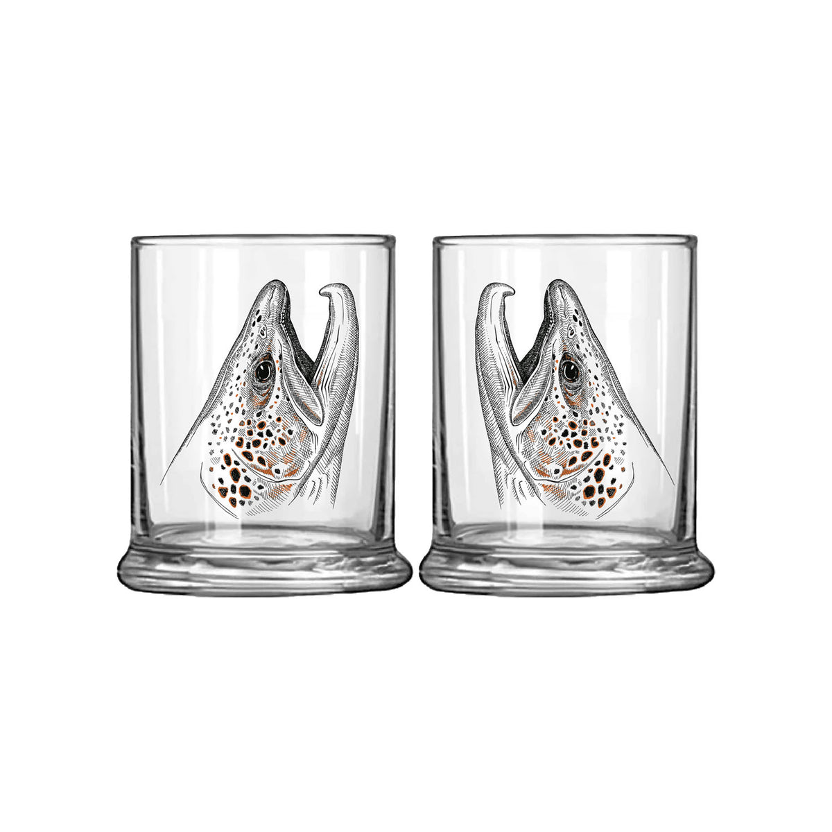 Low ball glass with rising brown trout head in black and orange ink