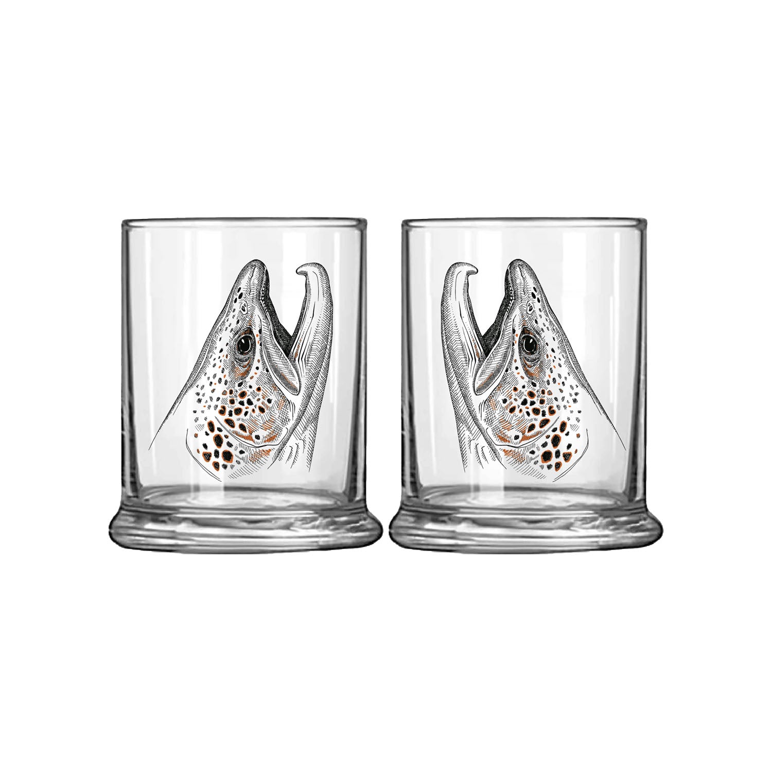 Low ball glass with rising brown trout head in black and orange ink
