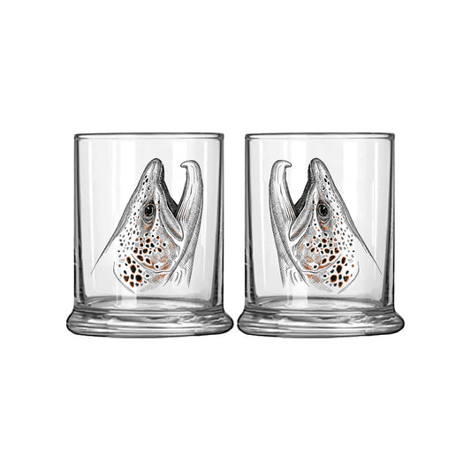 Low ball glass with rising brown trout head in black and orange ink