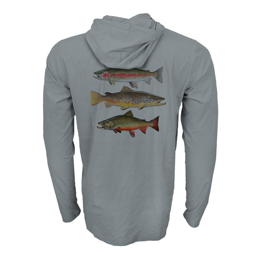 A light grayFlolite Sun Hoody shown from the back, featuring a graphic print of three illustrated trout fish stacked vertically on the upper back.