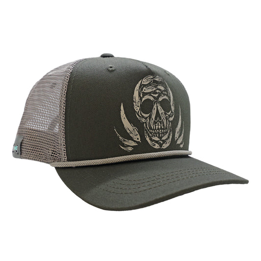 A hat with light gray mesh back, green front, and a white rope. The front design is a skull made out of flies.