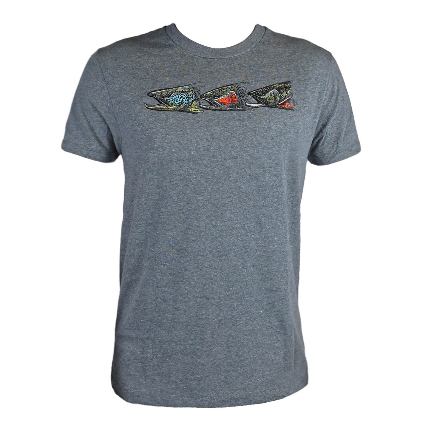 A gray shirt featuring 3 trout heads on the front