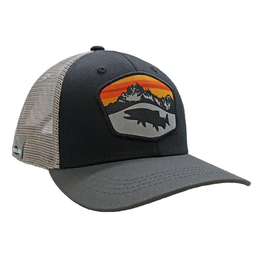 A hat with light gray mesh back, gray bill, and black front. The front design has a trout silhouette, water, mountains, and sunset skies.