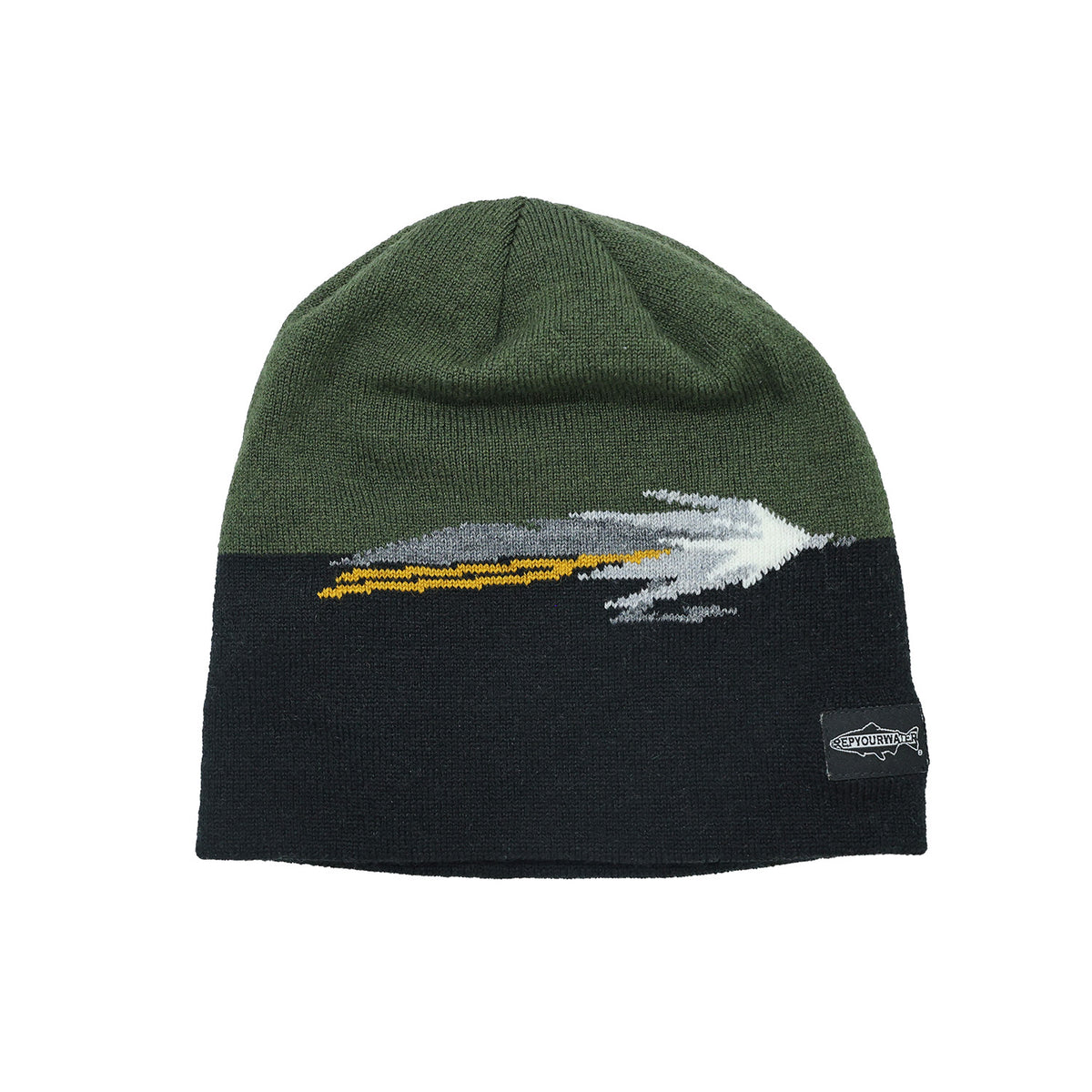 Black and gray knit hat with streamer