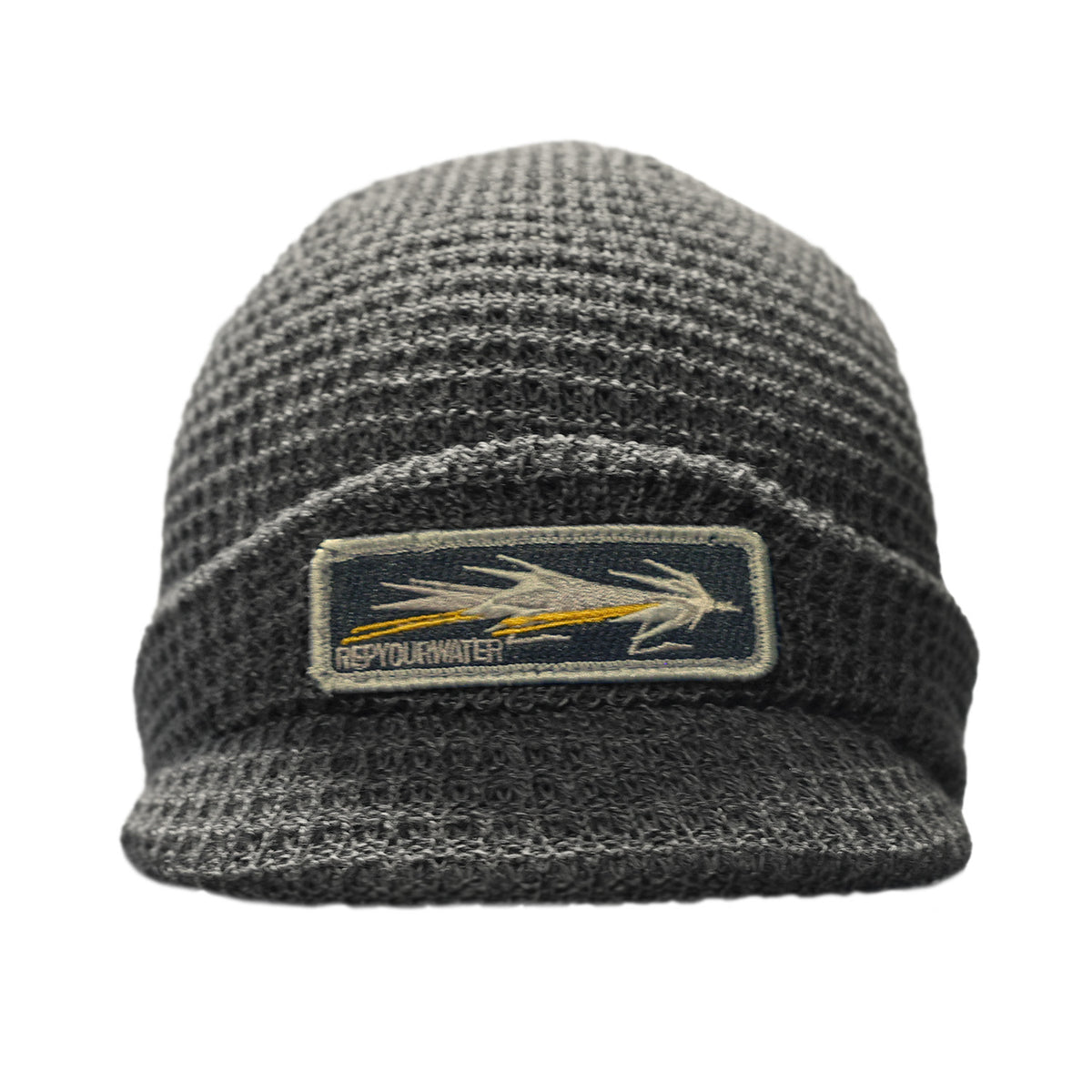 Gray Knit brimmed hat with streamer