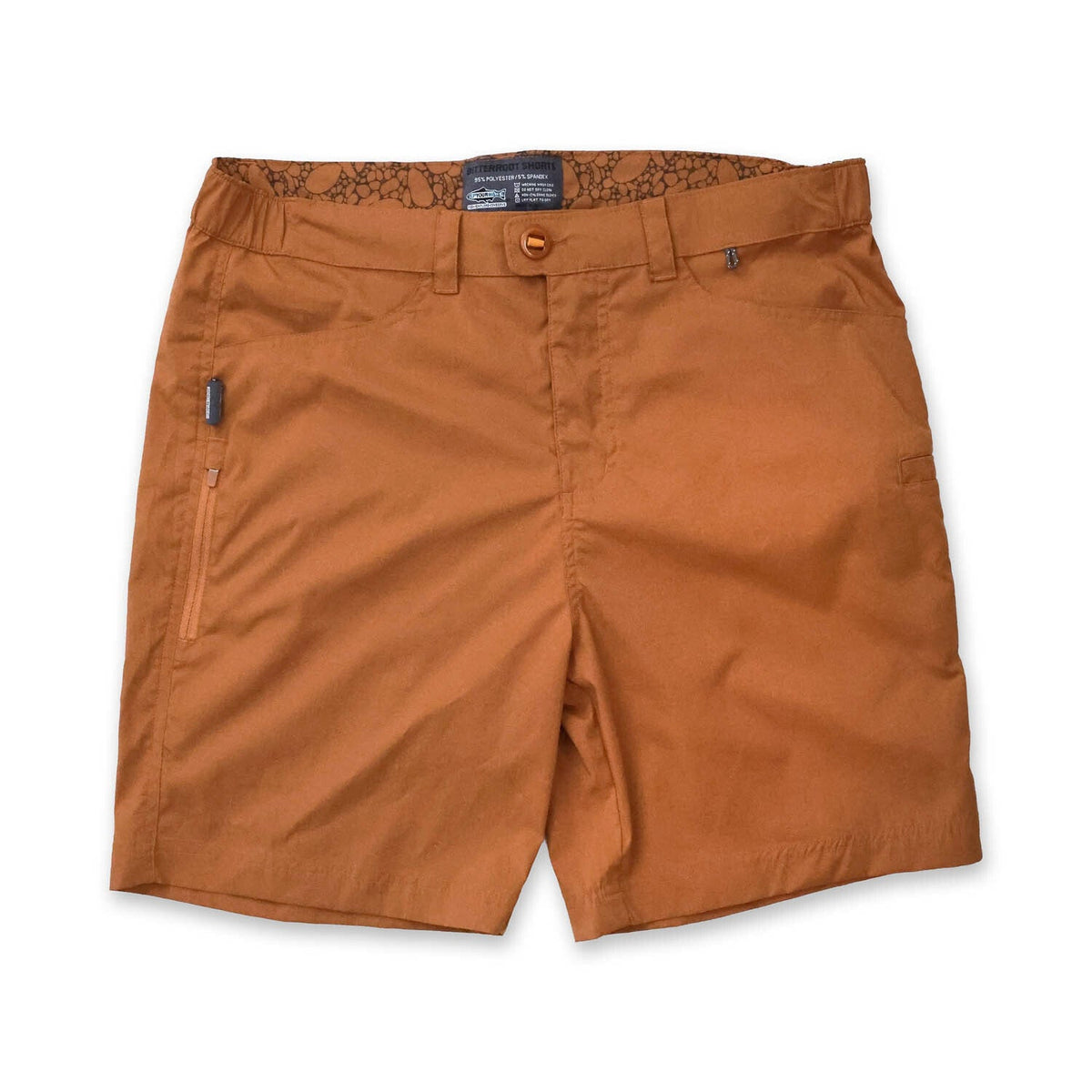 front of teak shorts with a visible brand label on a white background