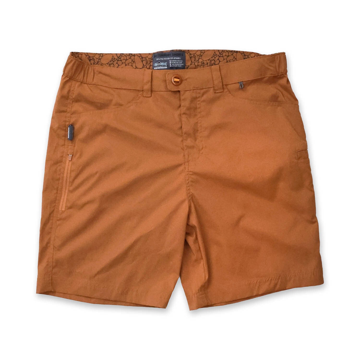 front of teak shorts with a visible brand label on a white background