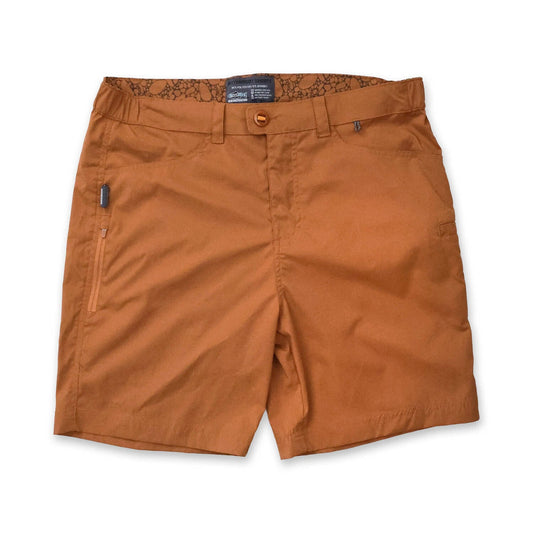 front of teak shorts with a visible brand label on a white background