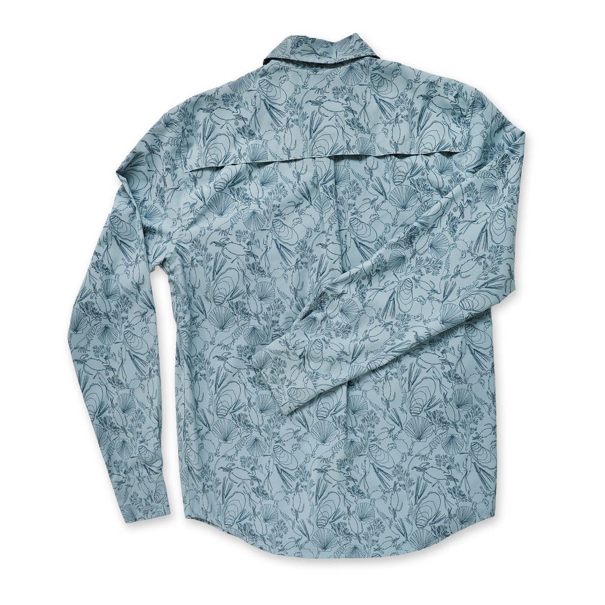 back of Light blue longsleeve button down back with a pattern of the sea floor on it on a white background