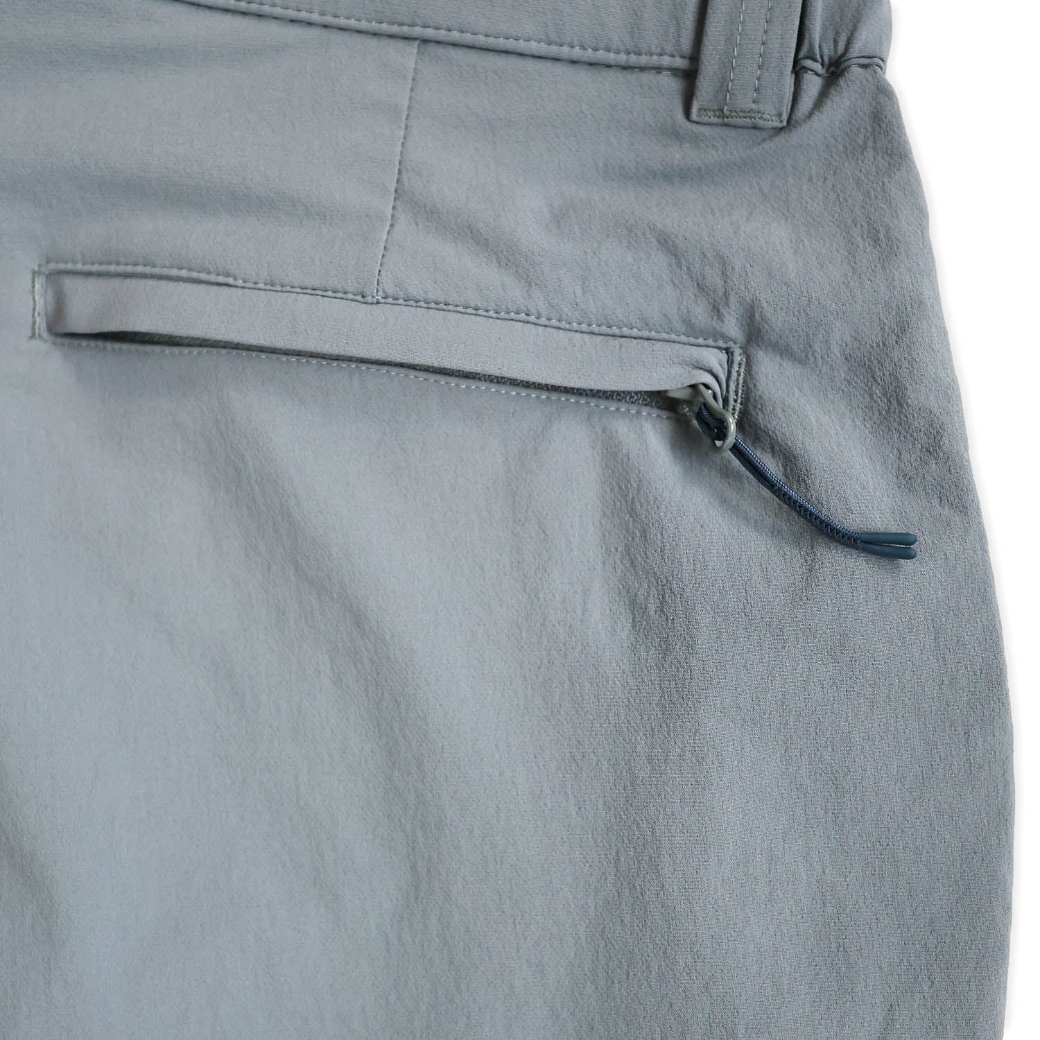 Close-up of light blue pants pocket with a zipper pocket on a white background