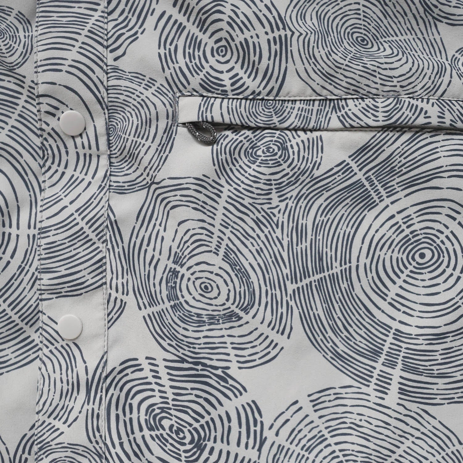 gray button down close up tree ring pattern and front pocket