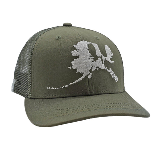 All green hat with mesh back. front embroidery with a state of alaska silhouette and a moose head