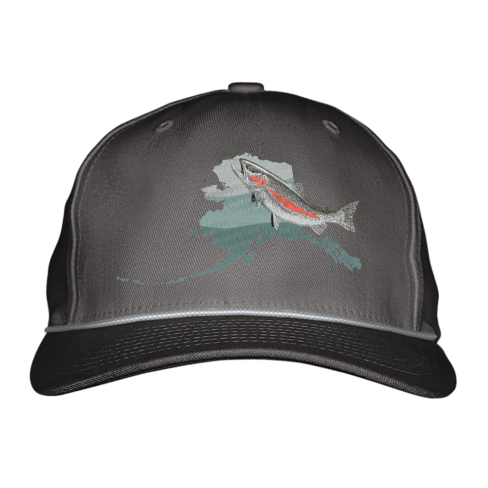 All gray hat with state of alaska silhouette and a rainbow trout in front