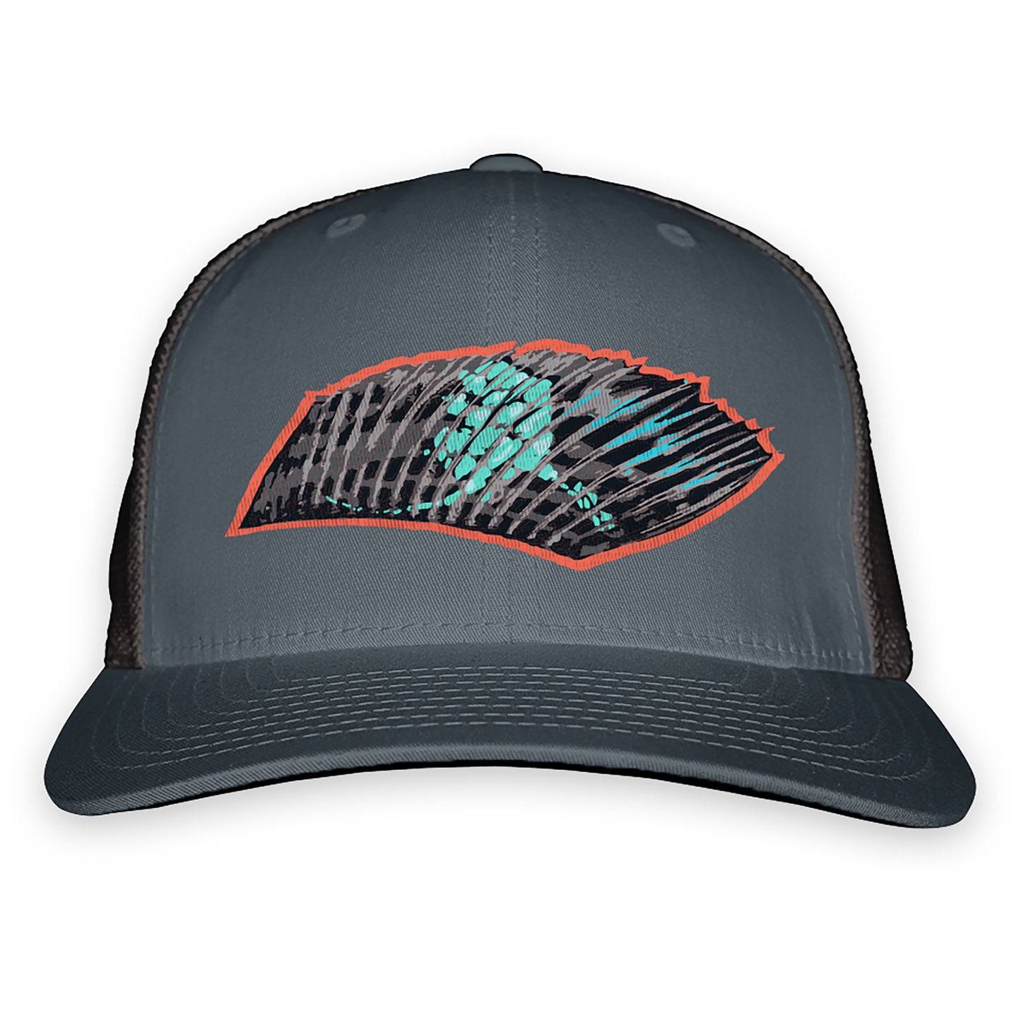 blue/gray front and gray mesh back hat with a grayling fin on the front