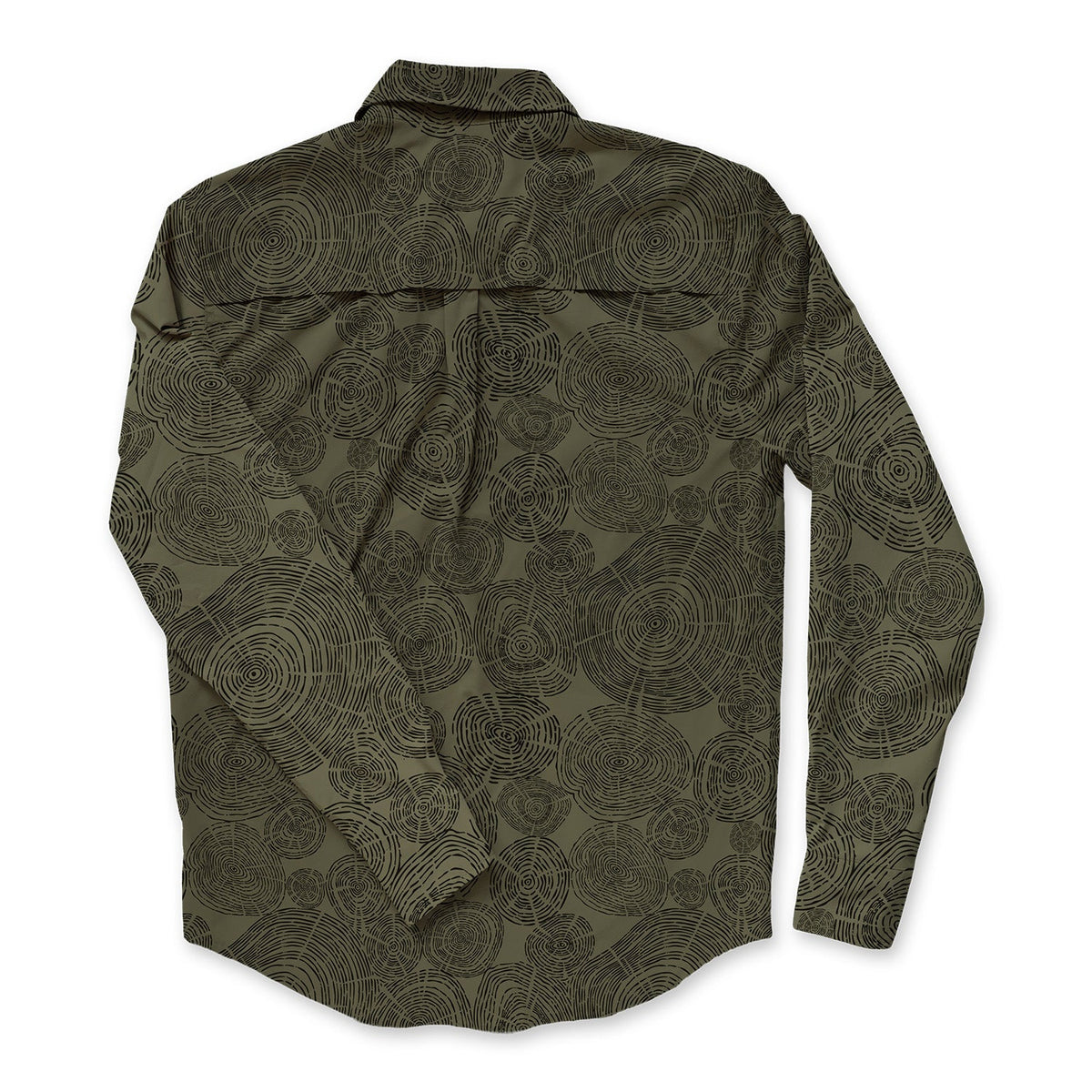 Dark green longsleeved buttondown shirt with tree ring pattern on it in black on a white background