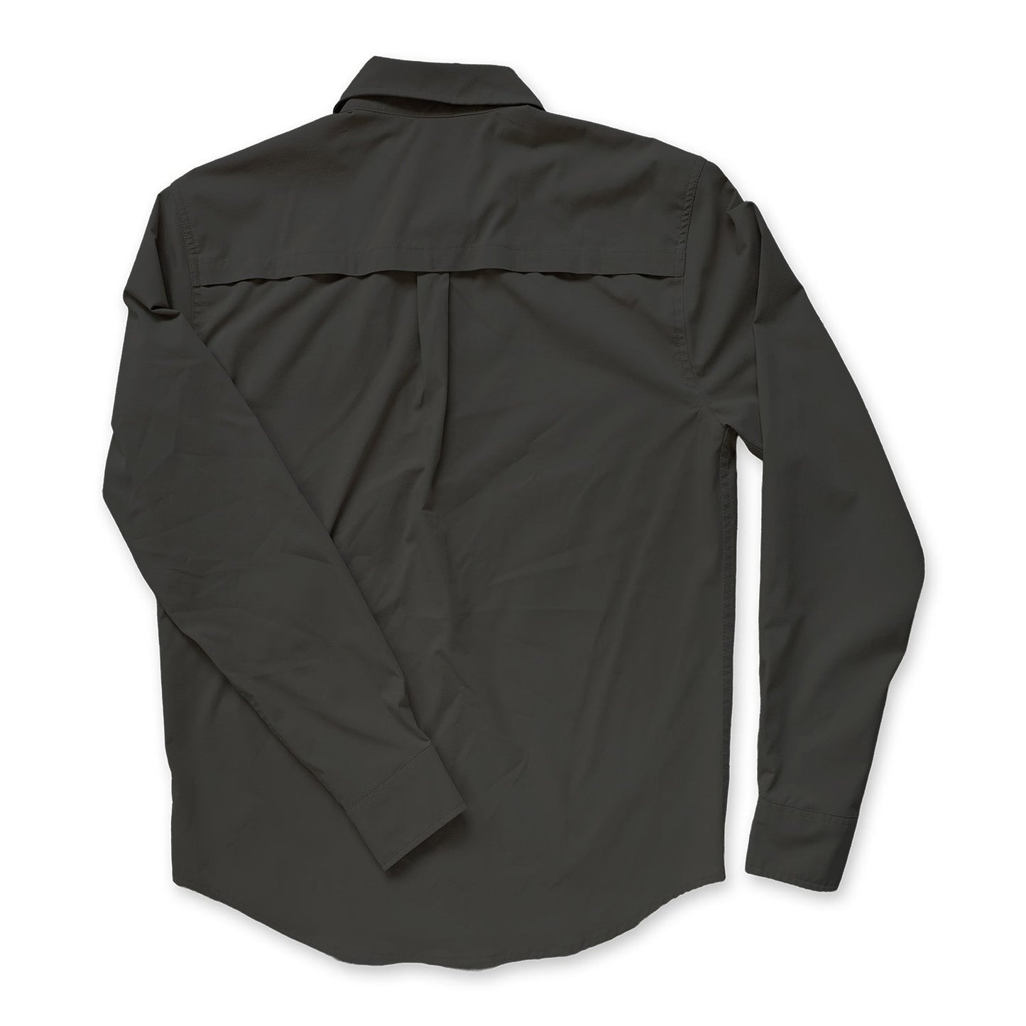 The back of Dark gray longsleeved buttondown shirt on a white background