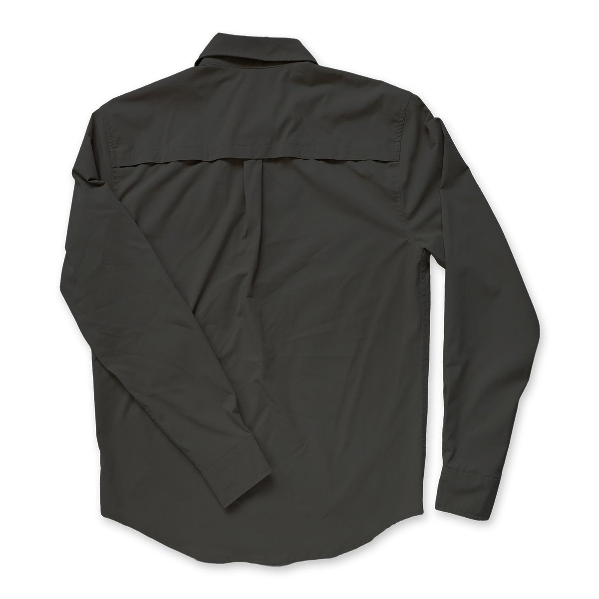 The back of Dark gray longsleeved buttondown shirt on a white background