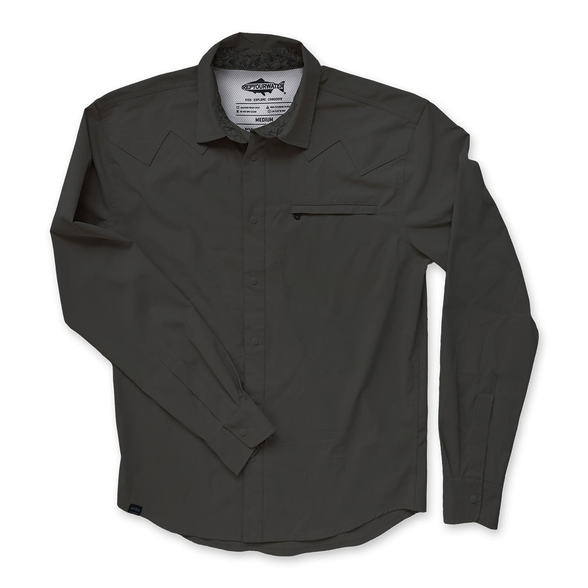 front of Dark gray longsleeved buttondown shirt on a white 
