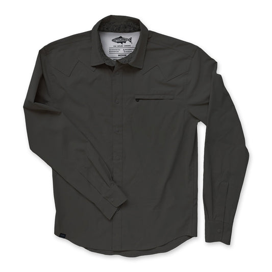 front of Dark gray longsleeved buttondown shirt on a white 