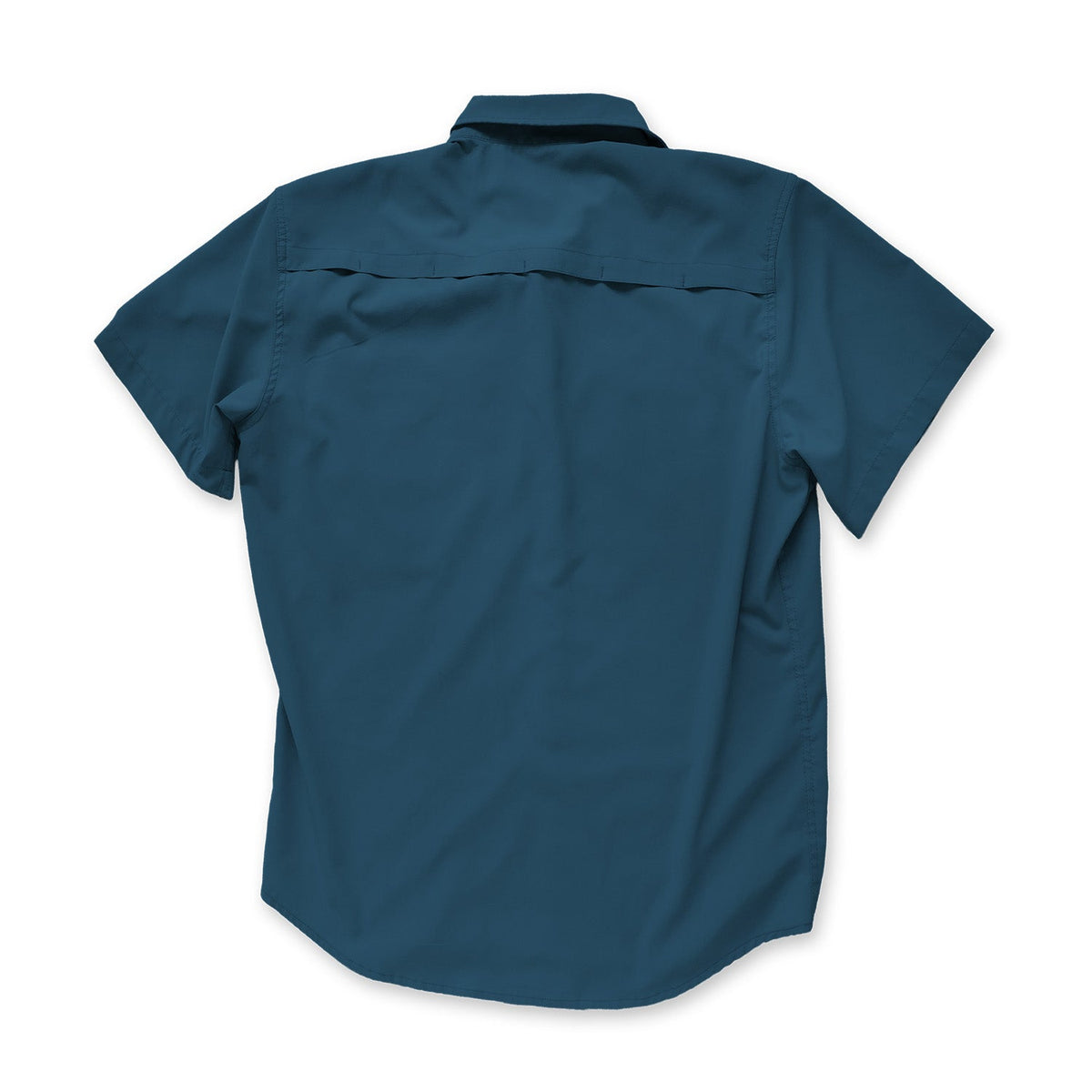 Blue short-sleeve button down shirt on a white background back