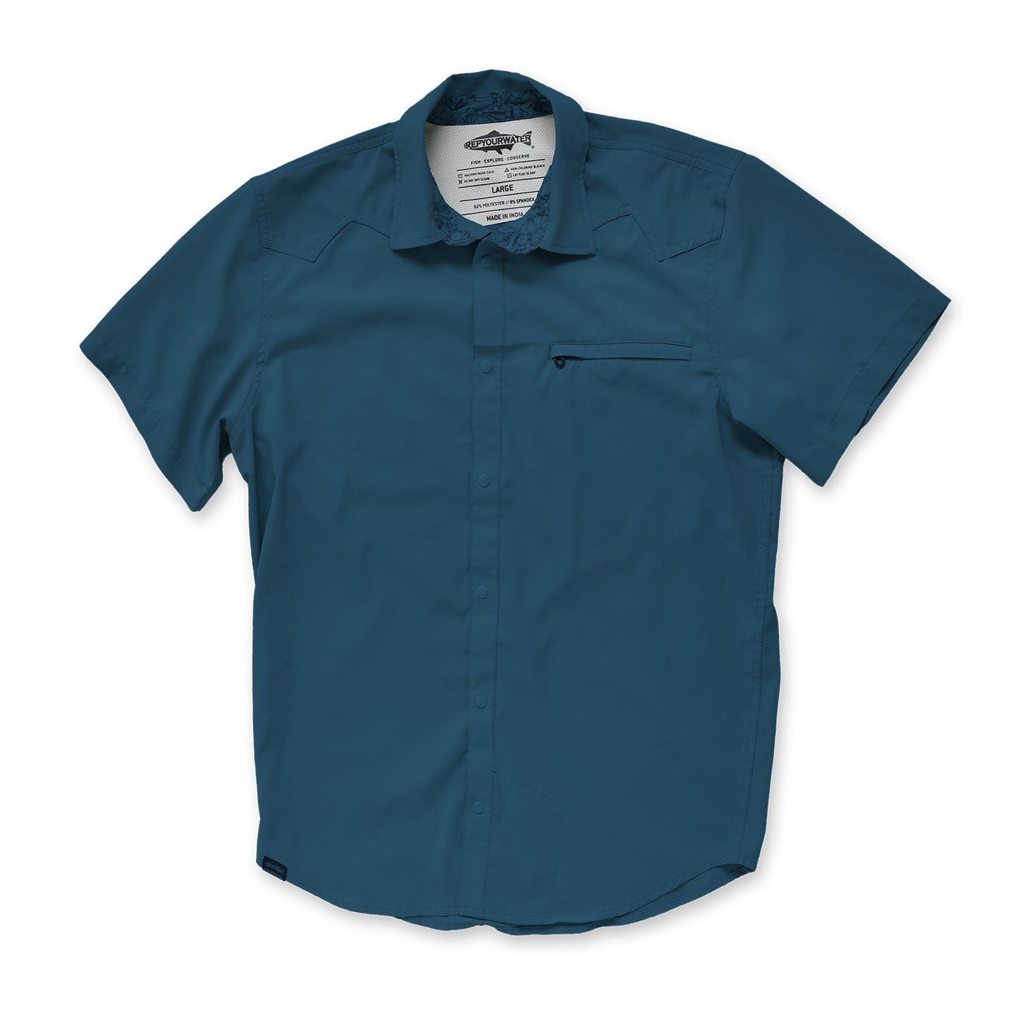 Blue short-sleeve button down shirt on a white background front