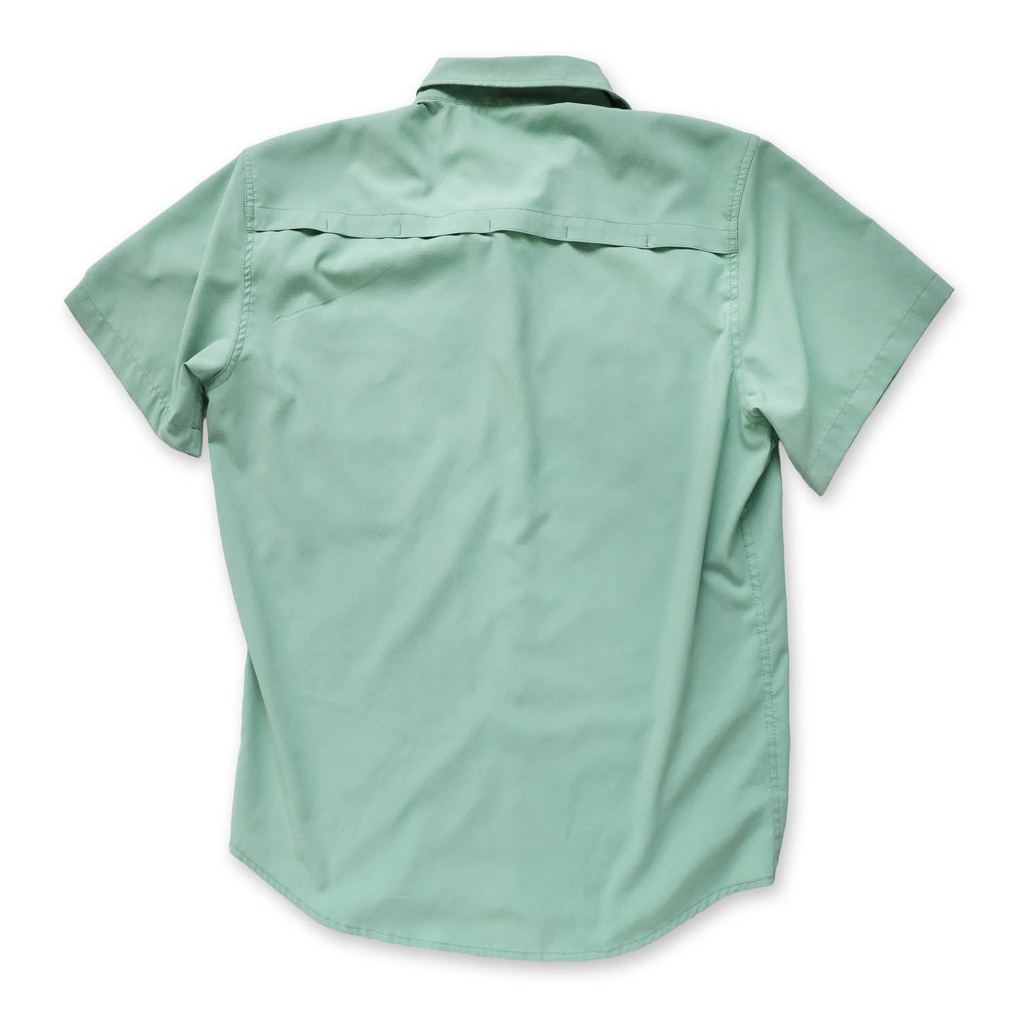 light green/cenote short-sleeve button down shirt  showing the ventilated back on a white background