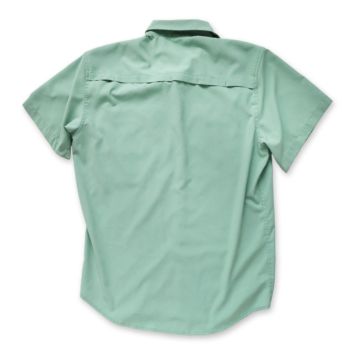 light green/cenote short-sleeve button down shirt  showing the ventilated back on a white background