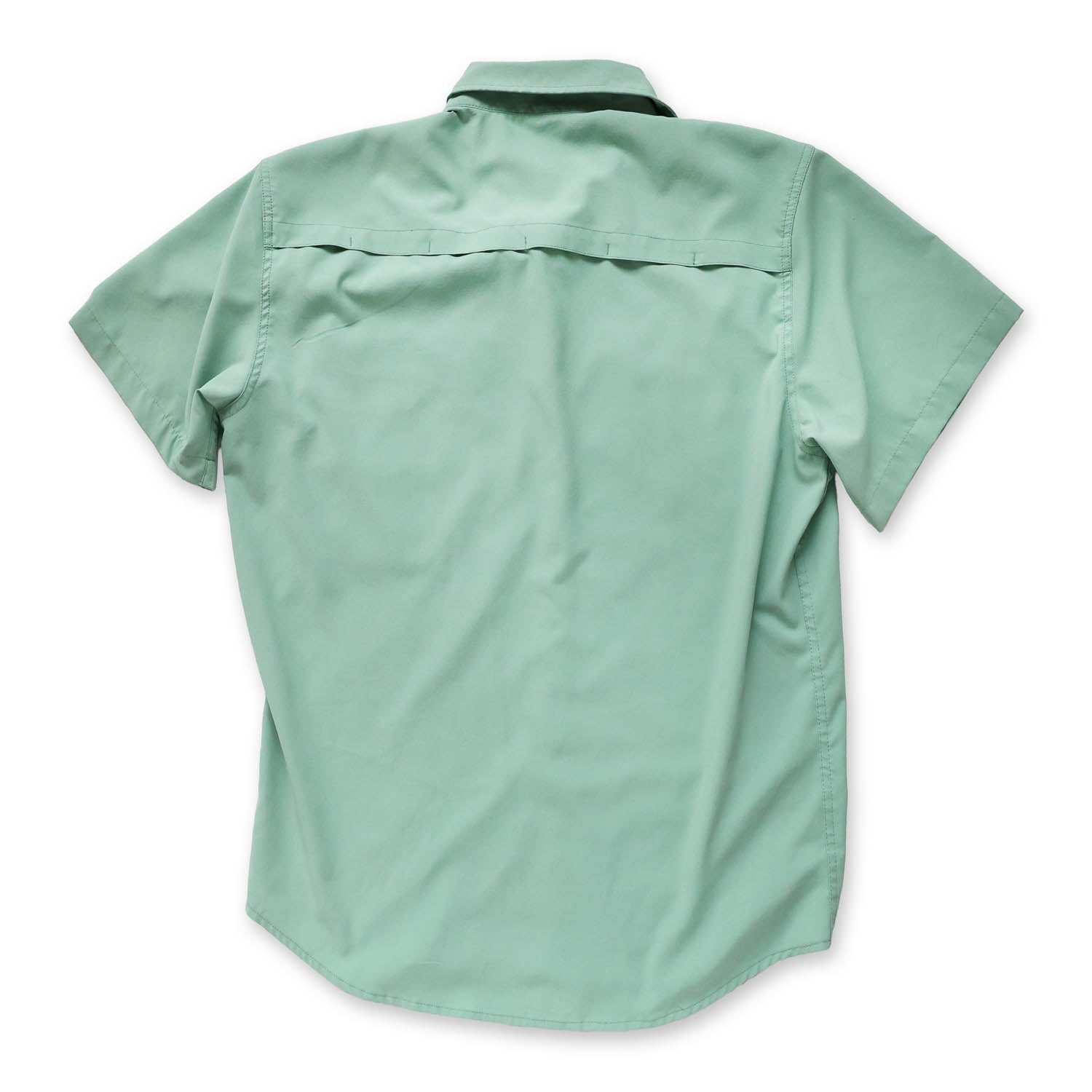 light green/cenote short-sleeve button down shirt  showing the ventilated back on a white background