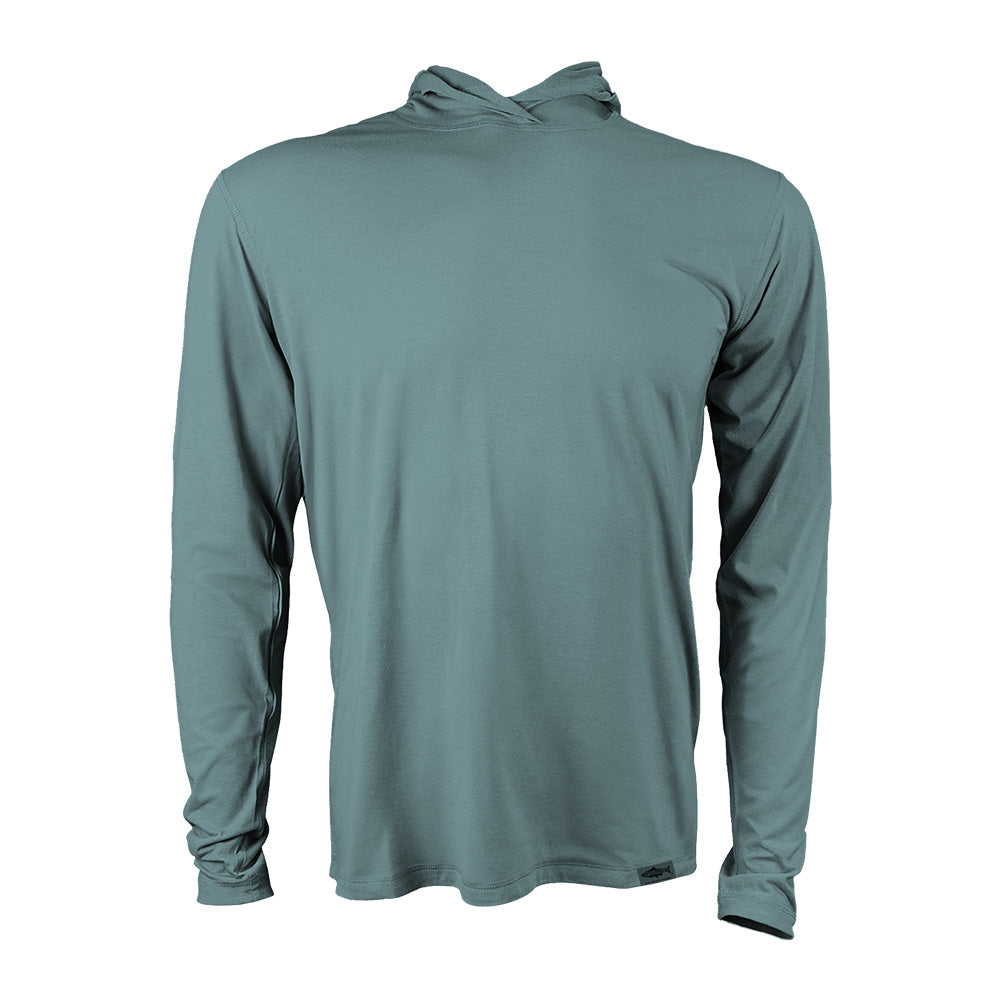 Blue hooded sun shirt from the front on white back ground